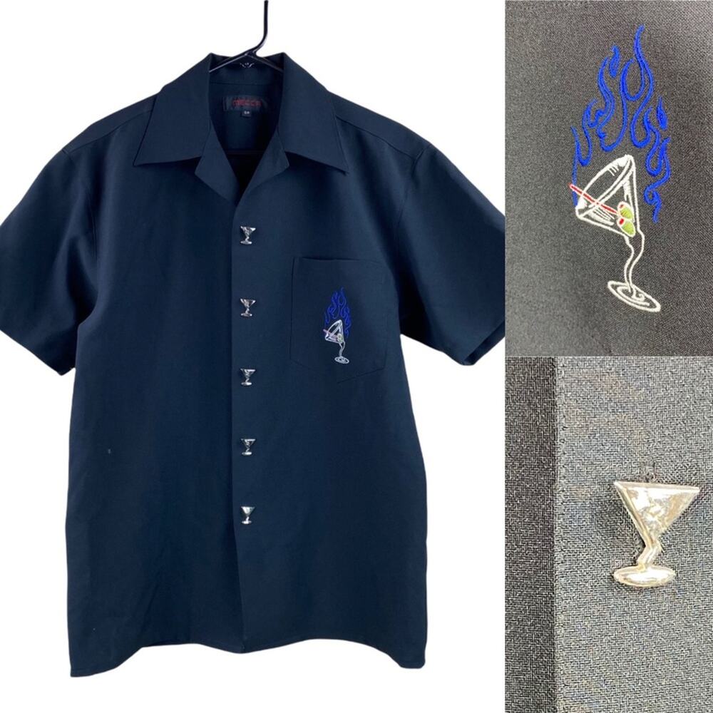 Mecca black embroidered martini cocktail themed button front shirt size S